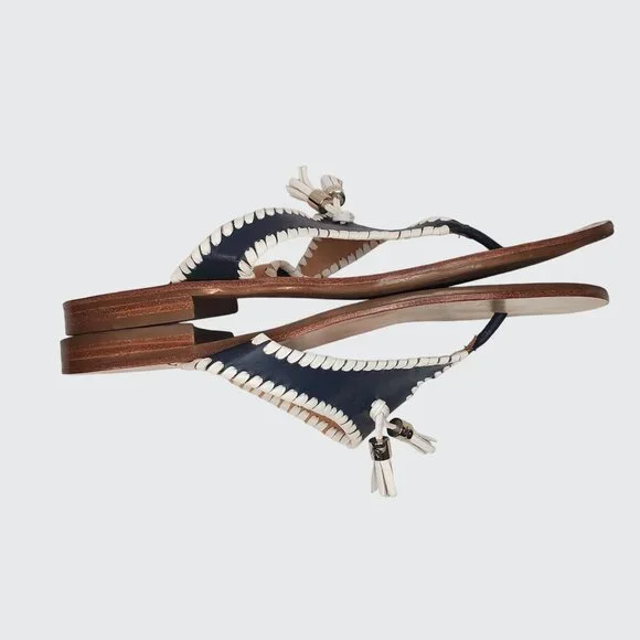 EUC Jack Rogers Alana Tassel Thong Sandal Navy White Leather Women's Size 8.5M - Picture 3 of 10